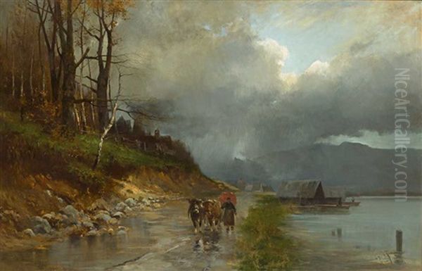 Bauerin Mit Zwei Ochsen Auf Dem Weg Am Ufer Eines Sees - view 1