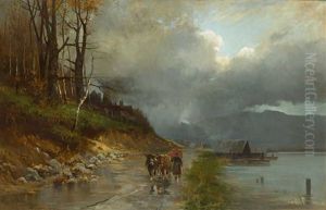 Bauerin Mit Zwei Ochsen Auf Dem Weg Am Ufer Eines Sees