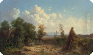 Sommerliche, Oberbayrische Landschaft Mit Einer Bauerin Vor Ihrem Hof Und Tieren Bei Einem Heuschober