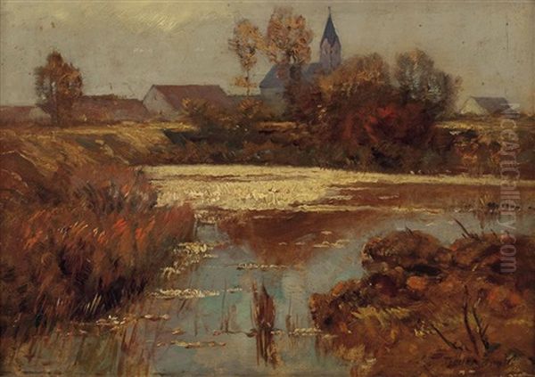 Herbstliche Landschaftsidylle Mit Dorf Und Weiher - view 1