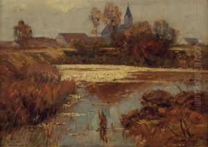 Herbstliche Landschaftsidylle Mit Dorf Und Weiher
