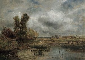Mooslandschaft Mit Storch An Einem Prachtvollen Morgen by Franz Reder-Broili