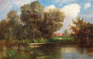 Sommerlandschaft Mit Weiher, Malerischer Baumgruppe Und Gehoft