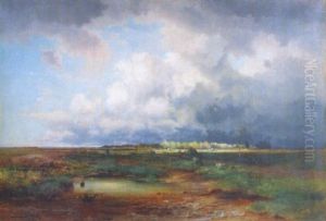 Aufziehendes Gewitter Uber Bayerischer Moorlandschaf Mit Schafherde Und Hirte, Im Hintergrund Dorfsilhouette