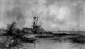 Sommerliche Kanallandschaft Mit Windmuhlen Und Fischerboot