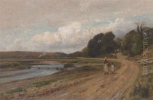 A Milkmaid And Child On A Riverside Track by Arthur William Redgate