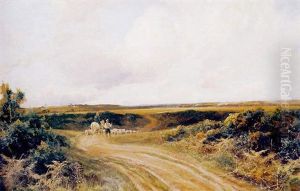 Shepherds And Sheep On Moorland Path by Arthur William Redgate