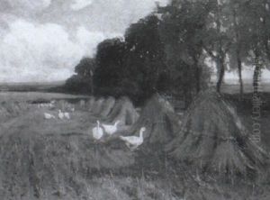 Geese In A Harvest Field by Arthur William Redgate