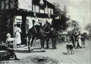 Dragoons And Figures In Front Of The Swan Inn by Arthur William Redgate