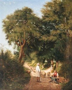 Trees Forming A Copse With Shepherd And Sheep And Another Figure In A Lane