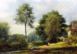 Country Landscape With Two Children On A Path With Stream And Trees To Background