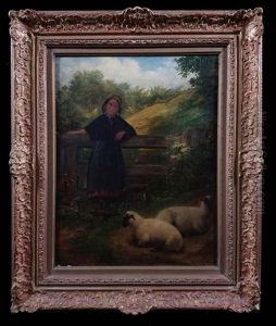 Genre Young Girl, Fence, Sheep