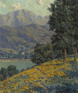 California Poppies With A Lake And Mountains Beyond by Granville S. Redmond