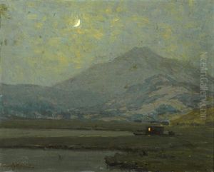 Mount Tamalpais In Moonlight With A Moored Vessel In The Marshes Below by Granville S. Redmond