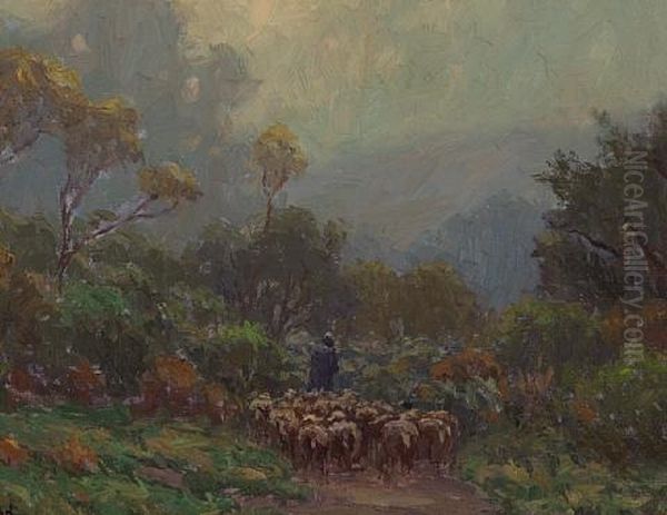 Misty Morning, Shepherd With Flock by Granville S. Redmond