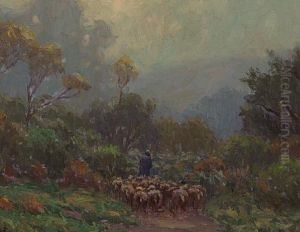 Misty Morning, Shepherd With Flock by Granville S. Redmond