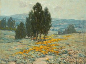 California Landscape With Eucalyptus Trees And Poppies by Granville S. Redmond