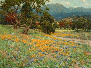 California Landscape With Oaks, Poppies And Lupine