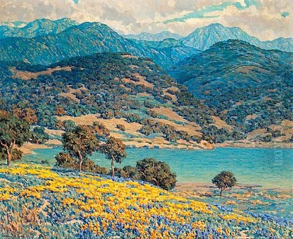 Poppies And Lupine By A Lake With Mountains In The Distance - view 1