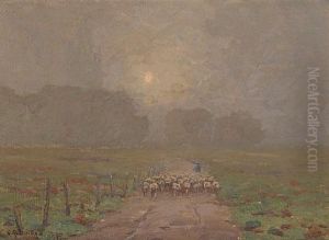 Shepherd Herding Sheep In A Misty Landscape by Granville S. Redmond