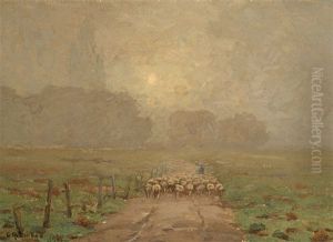 Shepherd Herding Sheep In Misty Landscape