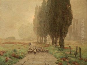 Going Home, Shepherd With Flock Of Sheep In Atmospheric Landscape by Granville S. Redmond