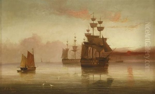 Men Of War At Anchor At Sunset - view 1