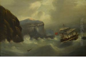 A British Ship In Distress Off A Rocky Coast