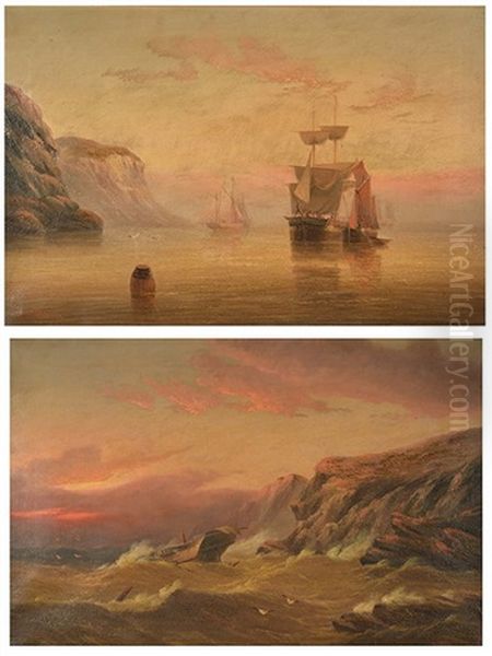 Shipping In A Calm And A Vessel In Distress Off The Coast At Sunset (pair) - view 1