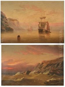 Shipping In A Calm And A Vessel In Distress Off The Coast At Sunset (pair) Shipping In A Calm And A Vessel In Distress Off The Coast At Sunset (pair)