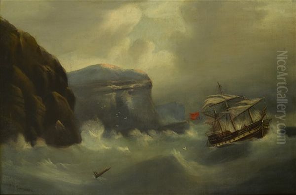 A British Ship In Distress Off A Rocky Coast - view 1