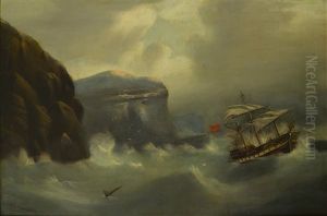 A British Ship In Distress Off A Rocky Coast A British Ship In Distress Off A Rocky Coast