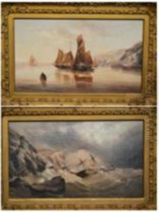 Figures In Fishing Boats Off A Coastline; Dismasted Vessel In A Stormy Sea Off A Coastline (pair) by Edward King Redmore