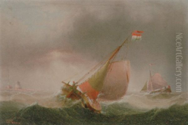 A Dutch Barge In Choppy Waters, A Lighthouse Beyond - view 1