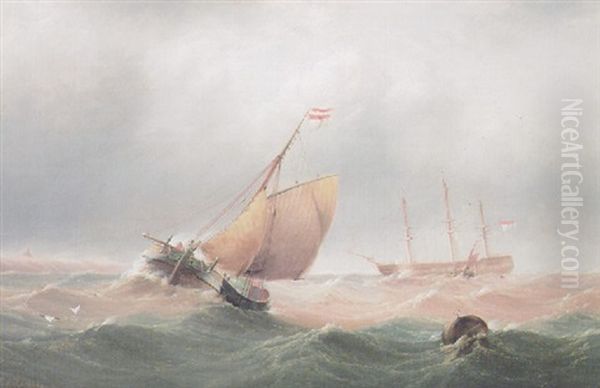 A Dutch Merchantman Riding At Anchor In A Heavy Swell As A Barge Heads For Shore - view 1