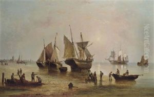Beached Fishing Barges At The End Of The Day With Fishermen Mending Their Nets And Sorting The Catch by Henry Redmore