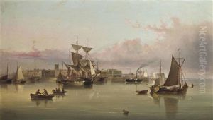 A Paddlesteamer Coming Into The Harbour At Hull At Dusk, With Trading Brigs And Other Shipping At Anchor A Paddlesteamer Coming Into The Harbour At Hull At Dusk, With Trading Brigs And Other Shipping At Anchor
