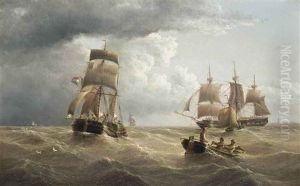 A British Armed Merchantman And A Dutch Barge In Coastal Waters by Henry Redmore