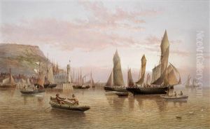 The Harbour And Lighthouse, Scarborough by Henry Redmore