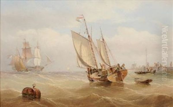 A Dutch Trader Leaving Port, Figures By A Jetty And A Three Master Off Shore - view 1