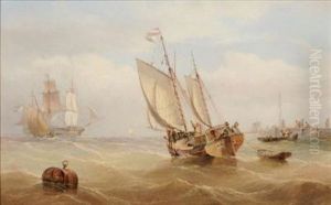 A Dutch Trader Leaving Port, Figures By A Jetty And A Three Master Off Shore