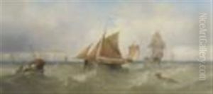 Figures In Fishing Boats Off The Yorkshire Coastline Figures In Fishing Boats Off The Yorkshire Coastline