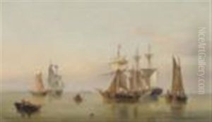 Figures In Fishing Boats Off The Humber Estuary by Henry Redmore