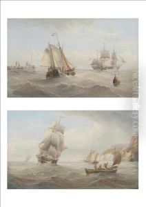 Fishing Boats And Other Shipping Off A Coastline; Fishing Boats And Other Shipping Off A Wooden Jetty (pair) by Henry Redmore