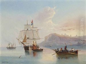 A Trading Schooner In A Calm Off Whitby With A Paddlesteamer Off Her Starboard Beam