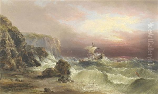 Dismasted Brig In Rough Seas Off A Rocky Coastline - view 1