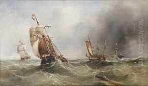 A Dutch Hoy And Other Vessels In A Heavy Swell With An Anchored Three-masted Merchantman Beyond