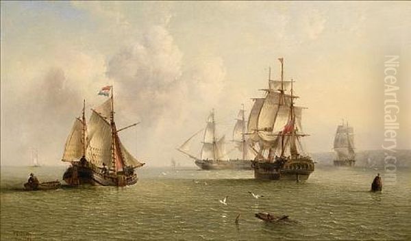 Merchantmen Going About Their Trade Off The Northeast Coast Of England, With A Dutch Hoy Further Out To Sea - view 1