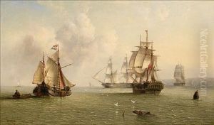 Merchantmen Going About Their Trade Off The Northeast Coast Of England, With A Dutch Hoy Further Out To Sea by Henry Redmore