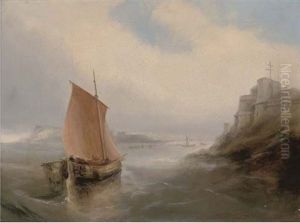 Fishing Boats On A Misty Day Off A Rocky Coastline by Henry Redmore